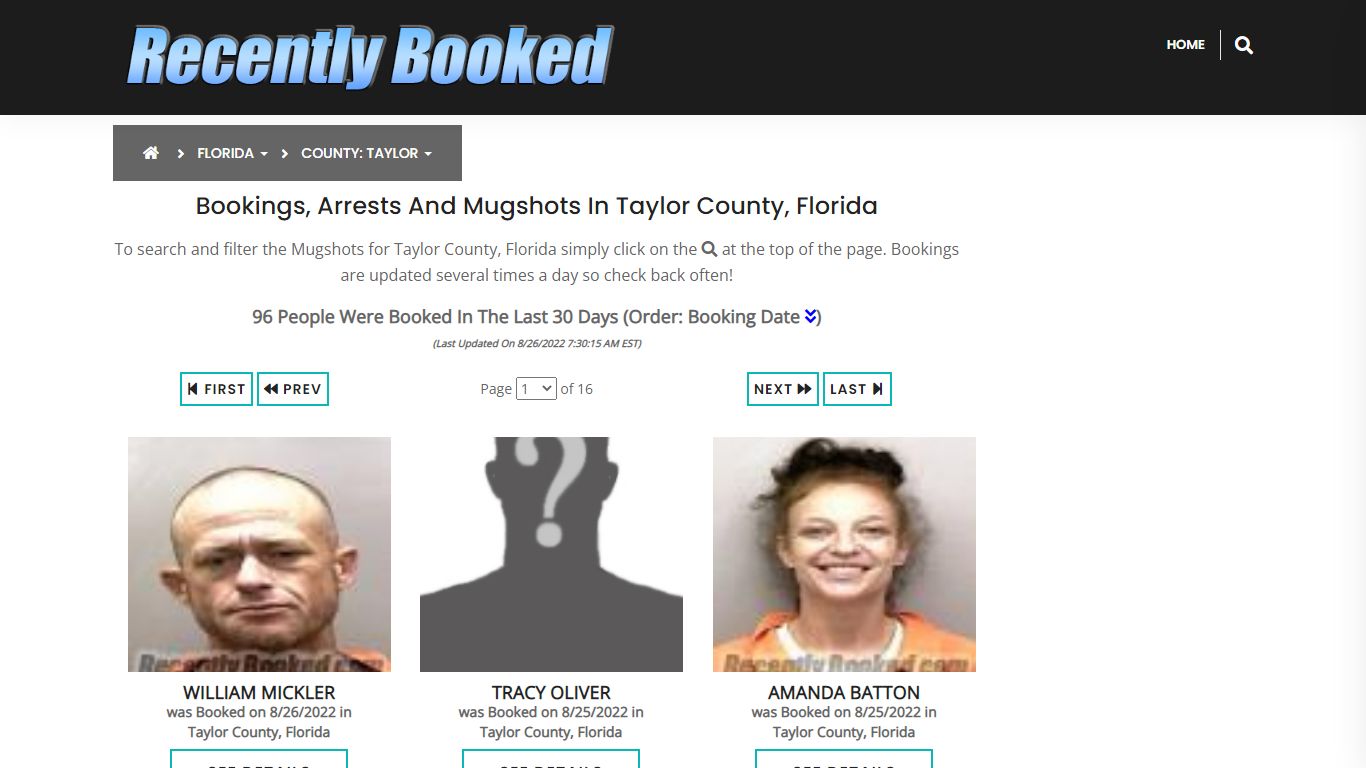 Recent bookings, Arrests, Mugshots in Taylor County, Florida